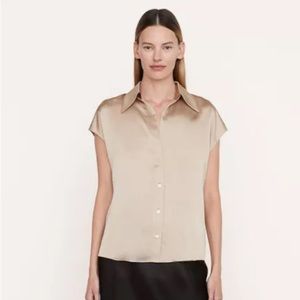 Vince Women's Shaped Collar Cap Sleeve Blouse nude tan Carmel 100% silk